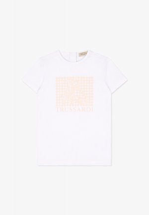 Witte T-shirt met korte mouwen en een ronde hals, voorzien van een subtiel perzikkleurig vierkant patroon en de tekst "TRUSSARDI" aan de voorkant.