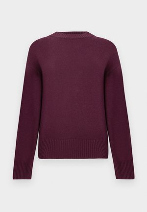 Burgundy knitted sweater with a ribbed hem, crew neckline, and dropped shoulders. Soft texture and smooth finish, suitable for layering.