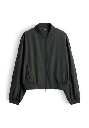 Veste bomber noire avec fermeture éclair à l'avant, col, poignets et ourlet côtelés, et deux poches latérales, présentée à plat sur fond blanc.