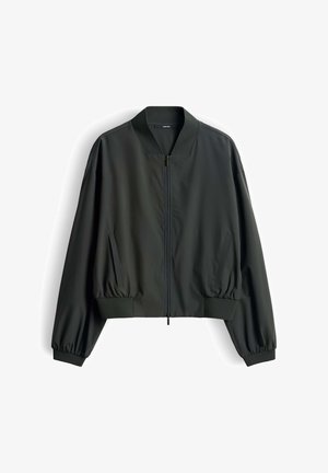Veste bomber noire avec fermeture éclair à l'avant, col, poignets et ourlet côtelés, et deux poches latérales, présentée à plat sur fond blanc.