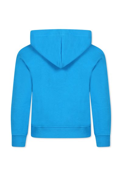 Hoodie en coton bleu avec capuche à cordon de serrage, poignets et ourlet côtelés. Texture lisse avec un design uni et sans logos ni motifs visibles.