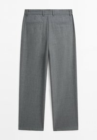 Gray formal trousers with belt loops and two back welt pockets, shown flat from the rear on a white background.