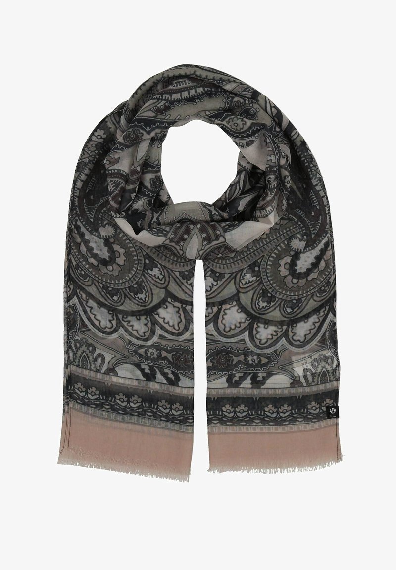 Sciarpa leggera con motivo paisley in nero, grigio e crema, con un fringed rosa solido lungo il bordo inferiore.