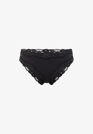 Braguitas de bikini para mujer en negro con detalles de encaje floral en la cintura y las aperturas de las piernas.