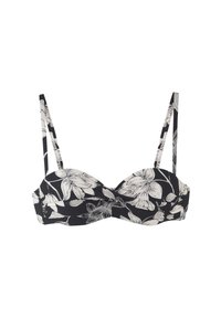 Top bikini nero floreale con coppe sagomate, spalline sottili e regolabili, e un design a torsione al centro. Presenta motivi floreali bianchi.