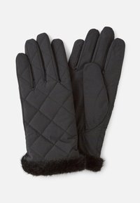 Gepolsterte schwarze Handschuhe aus Nylon, mit einem weichen Kunstfellbund und einem eleganten Design mit längeren Fingern für eine passende Silhouette.