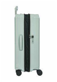 Hartschalenkoffer in Hellgrün mit glatter Oberfläche, schwarzem Reißverschluss, doppelten Rollen und einem ausziehbaren Griff für eine einfache Handhabung.