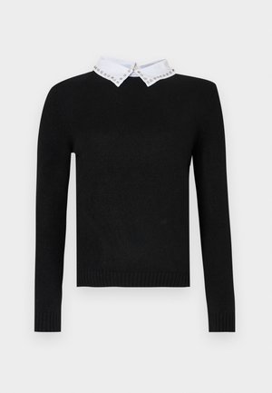 Black sweater with long sleeves and a white collar adorned with jeweled accents. Ribbed cuffs and hem, made from soft knit material.