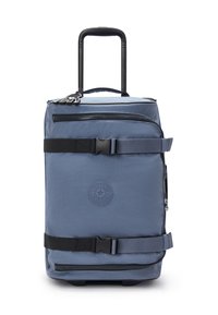 Blue soft-sided wheeled suitcase with telescoping handle, two black adjustable compression straps, and front zippered pockets.