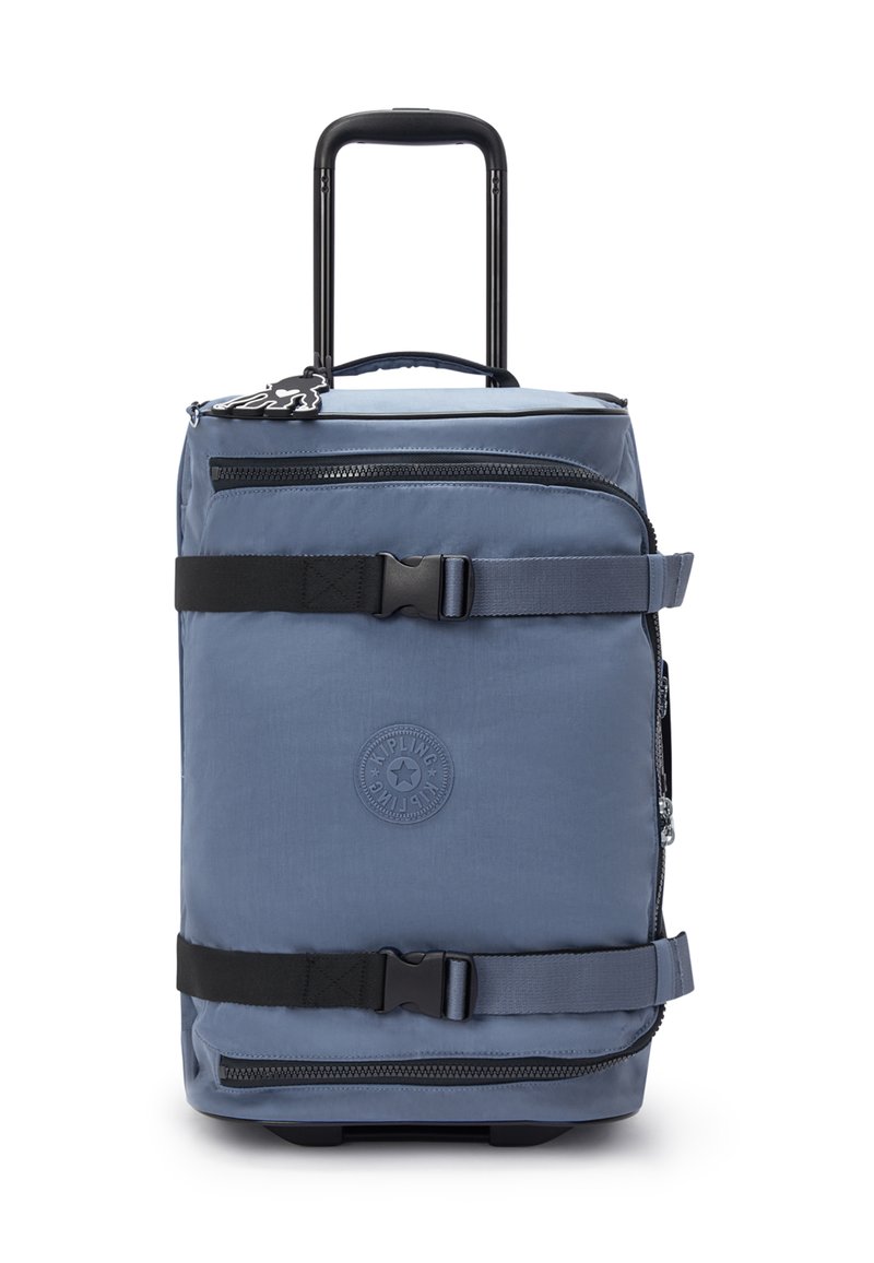 Blue soft-sided wheeled suitcase with telescoping handle, two black adjustable compression straps, and front zippered pockets.