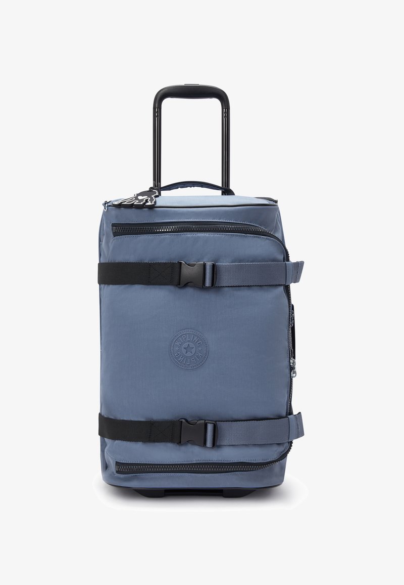 Blue soft-sided wheeled suitcase with telescoping handle, two black adjustable compression straps, and front zippered pockets.