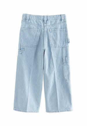 Light blue striped cargo pants with a wide leg design. Features large pockets on the back and sides, made from cotton fabric.