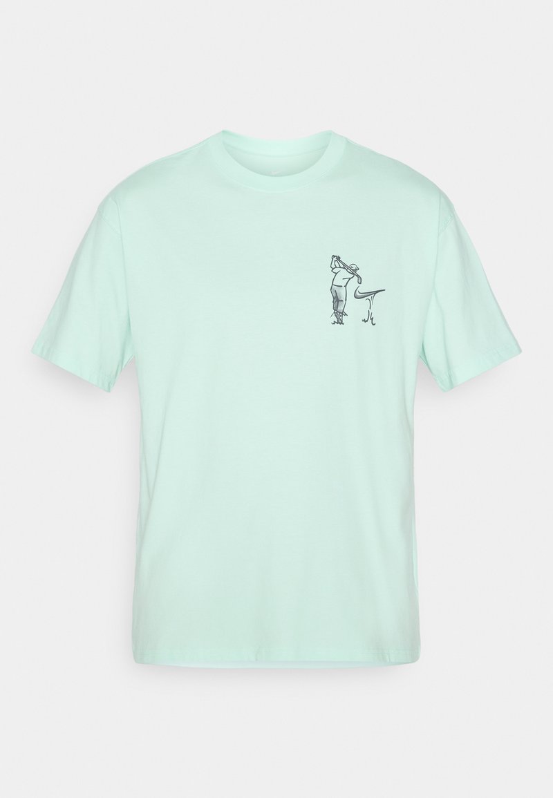 Mint green cotton t-shirt with short sleeves. Features a small black graphic illustration on the left chest. Standard crew neck design.
