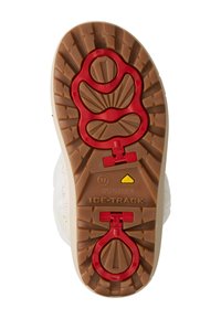 Podeszwa buta z brązowej, teksturowanej gumy, dwoma czerwonymi mechanizmami blokującymi oraz napisem "BOGNER ICE-TRACK" wytłoczonym w żółtym trójkącie.