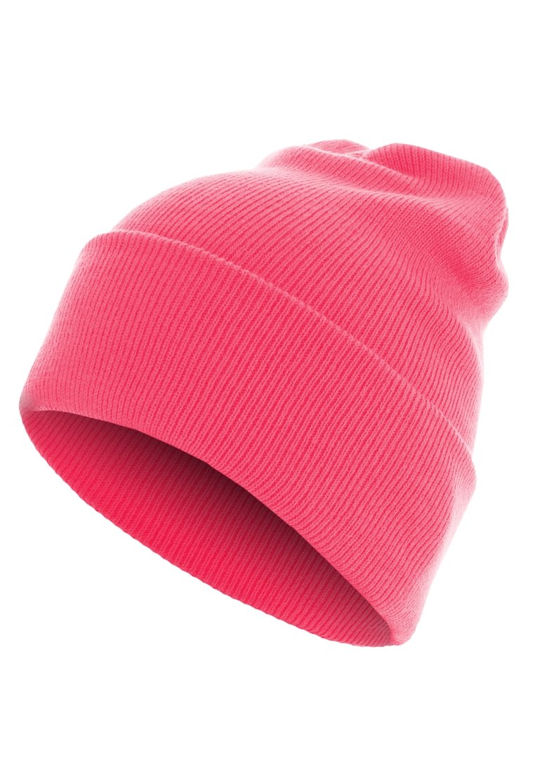 Bonnet en tricot rose vif avec un revers, présenté isolé sur un fond blanc.
