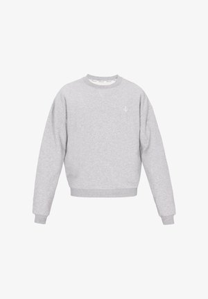 Šedá mikina z měkkého materiálu s kulatým výstřihem, dlouhými rukávy a malým logem kotvy na hrudi. Krátký střih.