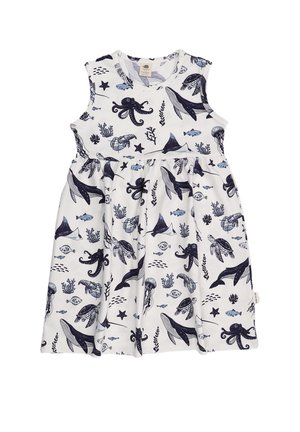 Ärmelloses weißes Kinderkleid mit marineblauem und hellblauem Druck von Meereslebewesen, darunter Wale, Schildkröten, Oktopusse, Fische und Seetang.