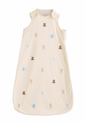 Baby-Schlafsack in cremefarben mit bestickten kleinen Teddybären in Braun, Beige und Blau, ausgestattet mit Druckknöpfen an den Schultergurten.
