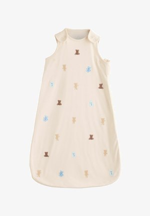 Baby-Schlafsack in cremefarben mit bestickten kleinen Teddybären in Braun, Beige und Blau, ausgestattet mit Druckknöpfen an den Schultergurten.