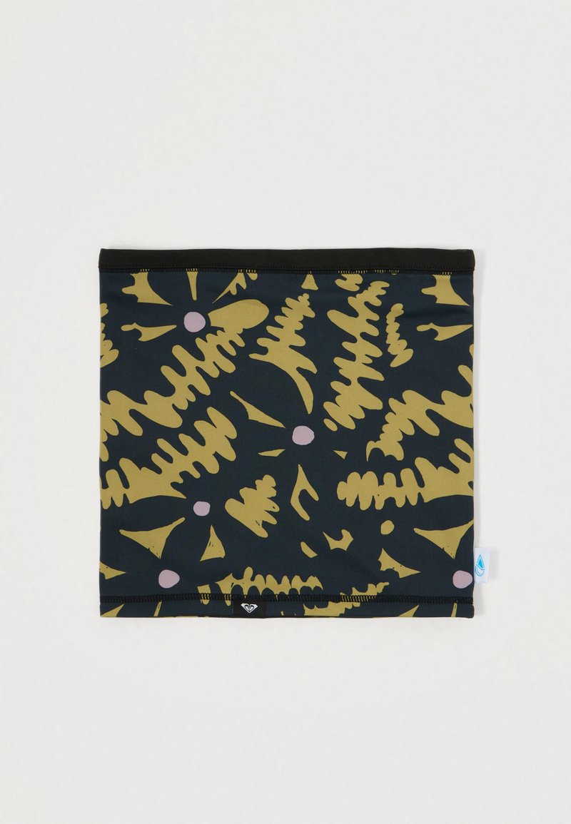 Produit : Gaiter de cou en bleu marine avec des motifs de fougères dorées et roses. Le matériau est lisse, extensible, avec une bordure noire. Contient une petite étiquette de marque.