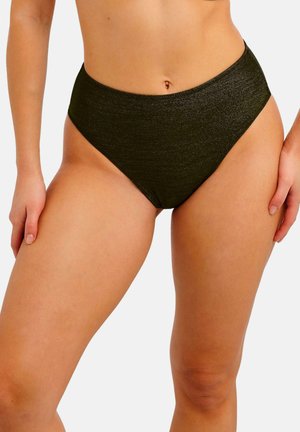 Bas de bikini taille haute en vert foncé, avec un tissu brillant au toucher lisse et des bords nets, conçu pour une couverture minimale.