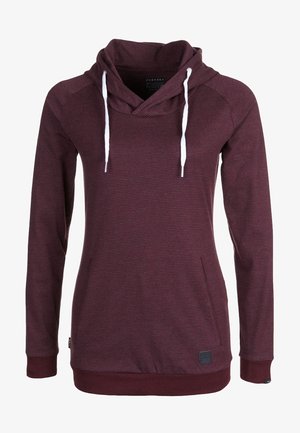 Bordowy hoodie z długim rękawem, w cienkie poziome paski, z białymi sznurkami, kieszenią kangurką oraz ściągaczami przy mankietach i na dole.