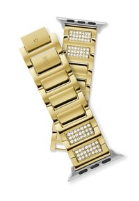 Le bracelet de montre en métal doré possède des maillons rectangulaires, des strass scintillants et une extrémité de fixation argentée avec des découpes pour la compatibilité avec les appareils.