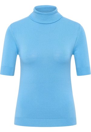 Vaaleansininen lyhythihainen pooloneule, joka on valmistettu pehmeästä ja venyvästä neuloksesta. Omaaa tiiviin muodon sekä ribbaatut kaula-aukon ja hihansuut.