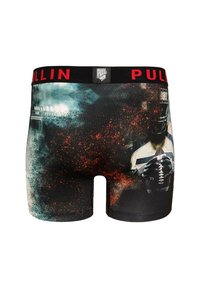 Un caleçon avec une base noire, orné d'un design graphique sportif coloré, une taille élastique rouge avec le texte "PULL IN" et une coupe ajustée.