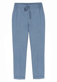 Lichtblauwe broek met een elastische tailleband, trekkoordsluiting en een rechte pijpontwerp. Voorzien van twee voorklappen en omslagmanchetten.