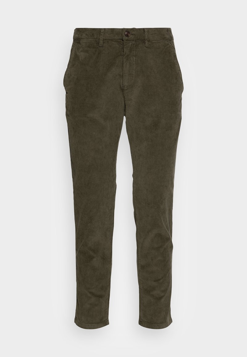 Pantalon décontracté slim fit vert foncé avec fermeture avant par bouton et zip, poches latérales et passants de ceinture.