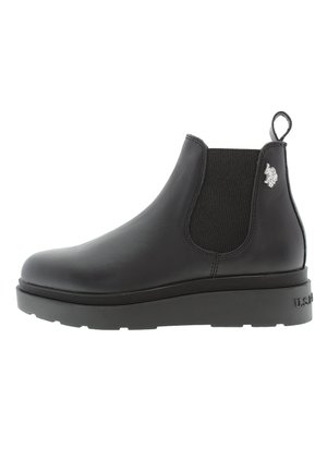 Schwarze Leder-Chelsea-Boots mit elastischen Seitenpaneelen, einem Ziehgriff und einer dicken Gummisohle. Mit geprägtem Logo an der Ferse.