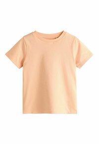 Majica s kratkimi rokavi iz svetlo breskev bombažnega blaga, z okroglim izrezom in preprosto, neokrašeno zasnovo. Brez vzorcev ali poudarkov.