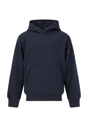 Haut à capuche bleu marine en coton avec des manches longues, une poche frontale et une capuche doublée. Comprend des poignets et un ourlet côtelés pour un ajustement confortable.