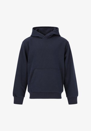 Dunkelblaue Hoodie aus Baumwolle mit langen Ärmeln, einer Fronttasche und einer gefütterten Kapuze. Verfügt über gerippte Bündchen und einen Saum für eine enge Passform.