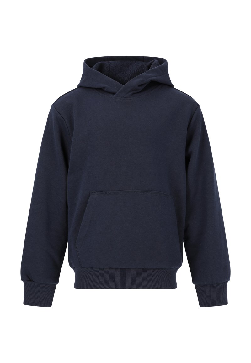 Dunkelblaue Hoodie aus Baumwolle mit langen Ärmeln, einer Fronttasche und einer gefütterten Kapuze. Verfügt über gerippte Bündchen und einen Saum für eine enge Passform.