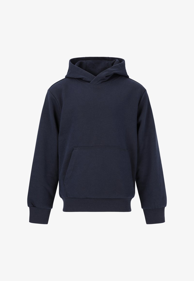 Marineblauwe hoodie van katoen met lange mouwen, een voorzak en een gevoerde capuchon. Heeft ribgebreide boorden en zoom voor een goede pasvorm.
