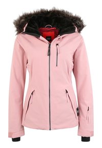 Rosa Winterjacke mit einer Kapuze aus Kunstpelz, Frontreißverschluss, drei Reißverschlusstaschen und schwarzen Innensäumen, auf einem einfarbigen Hintergrund präsentiert.