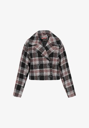 Afkortet dobbeltbrystet jakke i sort, hvid og rød ternet mønster. Har klapkrave og to frontknapper. Strukturér fabrik.