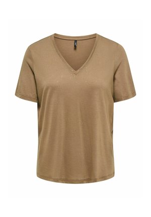 Brązowy T-shirt z krótkim rękawem i dekoltem w serek, o luźnym kroju i małą czarną metką wewnątrz kołnierza.