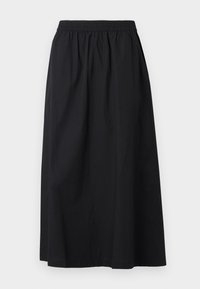 Jupe maxi noire en matériau léger avec une taille élastique et une texture lisse. Caractéristiques d'un design simple et épuré sans embellissements.