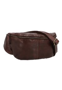 Braune Leder-Tasche mit Reißverschluss, runder Form und strukturiertem Finish, ausgestattet mit einem verstellbaren Riemen.