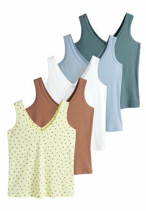 Seks ærmeløse V-hals toppe lagt op i lag, farver fra forrest til bagerst: gul med brune prikker, brun, hvid, lyseblå, bleg blå og teal.