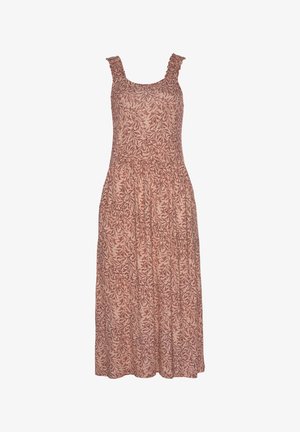 Maxi dress in light pink fabric featuring a leafy brown pattern, ruched straps, fitted bodice, and flowing skirt with a hem ending below the knee.