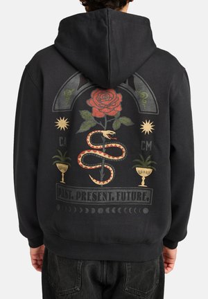 Black sweatshirt featuring a graphic design on the back with a red rose, snake, and decorative elements, along with the text "PAST. PRESENT. FUTURE."
