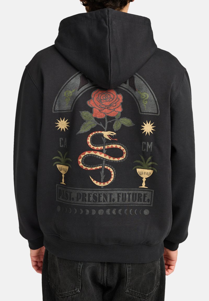 Black sweatshirt featuring a graphic design on the back with a red rose, snake, and decorative elements, along with the text "PAST. PRESENT. FUTURE."