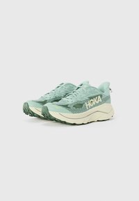 Hellgrüne Laufschuhe mit einer strukturierten Mesh-Oberfläche, gepolsterter Sohle und kontrastierenden cremefarbenen Akzenten. Verfügt über ein markantes Logo an der Seite.