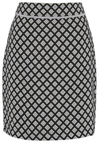 Mustat hame, jossa on valkoisia ja harmaita timanttikuvioita. Suunniteltu istuvalla vyötäröllä ja sileällä pinnalla.