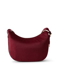 Burgundy hobo bag made of textured synthetic material, featuring a zip closure, curved shape, and adjustable strap with gold hardware accents.