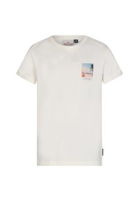 Kremowy bawełniany t-shirt z krótkim rękawem, z kwadratową grafiką palmy po lewej stronie i metką w dolnym prawym rogu.